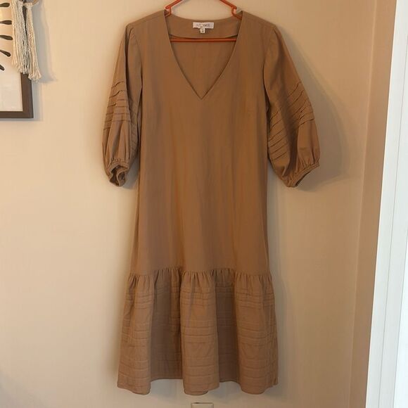 Intermix Womens puff short sleeve ruffle tan tiered prairie v-neck dress size 4 - Picture 1 of 11